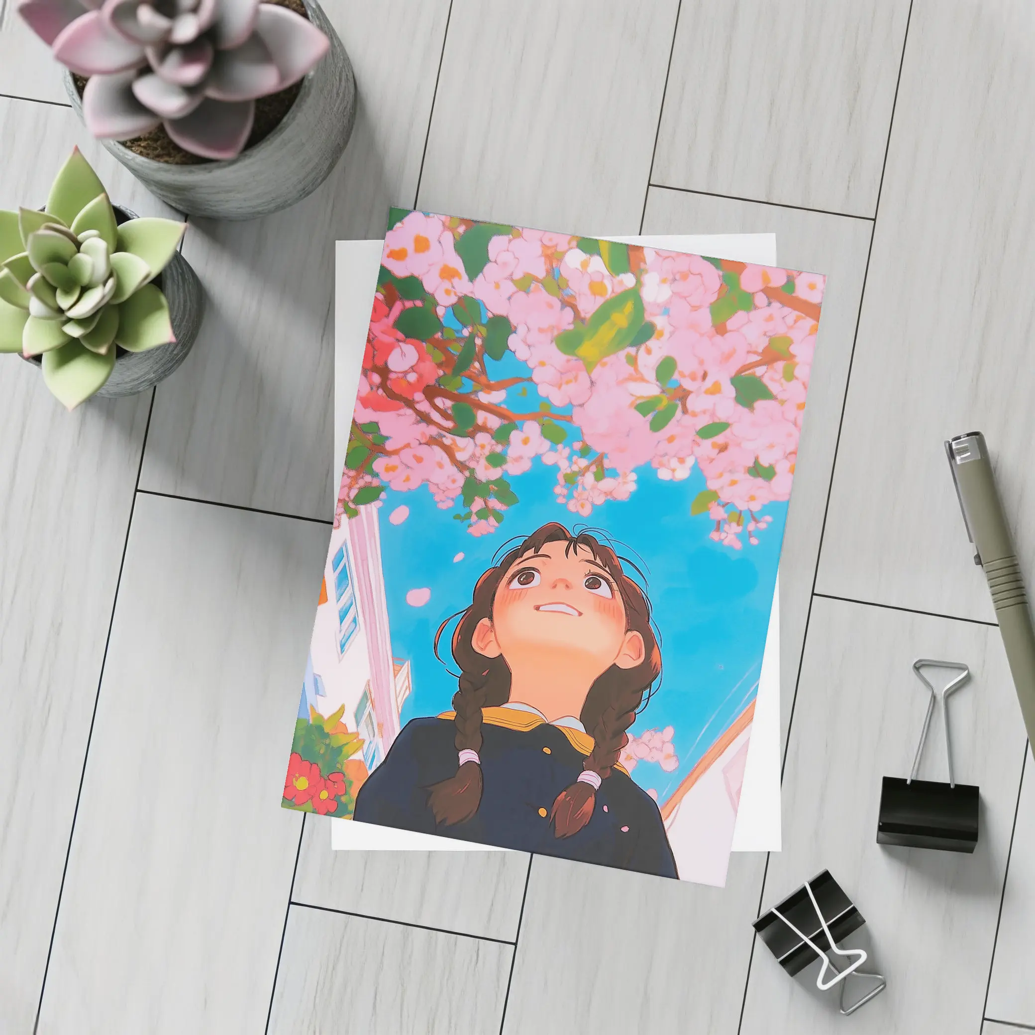 Anime Girl Looking Up Cherry Blossoms – Postcards