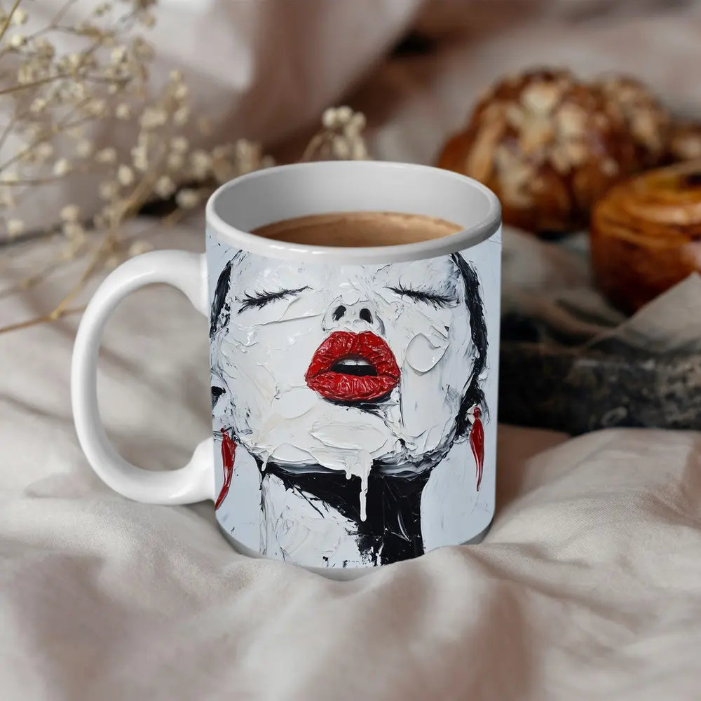 Woman Red Lips Black White Palette Painting – Mugs