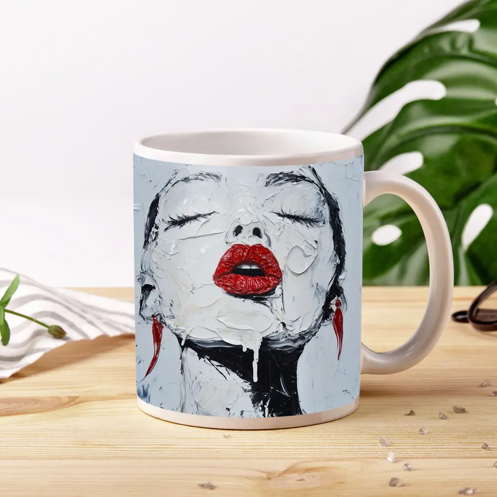 Woman Red Lips Black White Palette Painting – Mugs