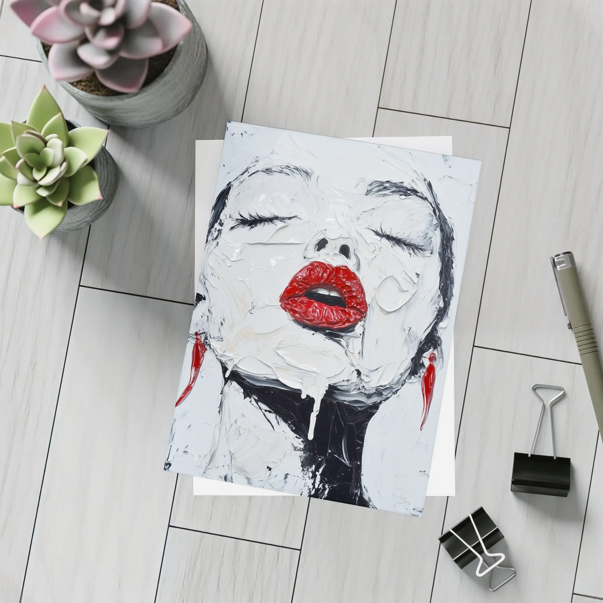 Woman Red Lips Black White Palette Painting – Postcards