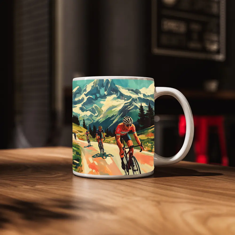 Road Cyclists Racing Through Alpine Mountain Landscape – Mugs