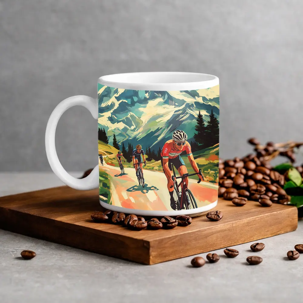 Road Cyclists Racing Through Alpine Mountain Landscape – Mugs