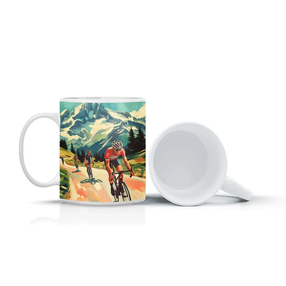 Road Cyclists Racing Through Alpine Mountain Landscape – Mugs