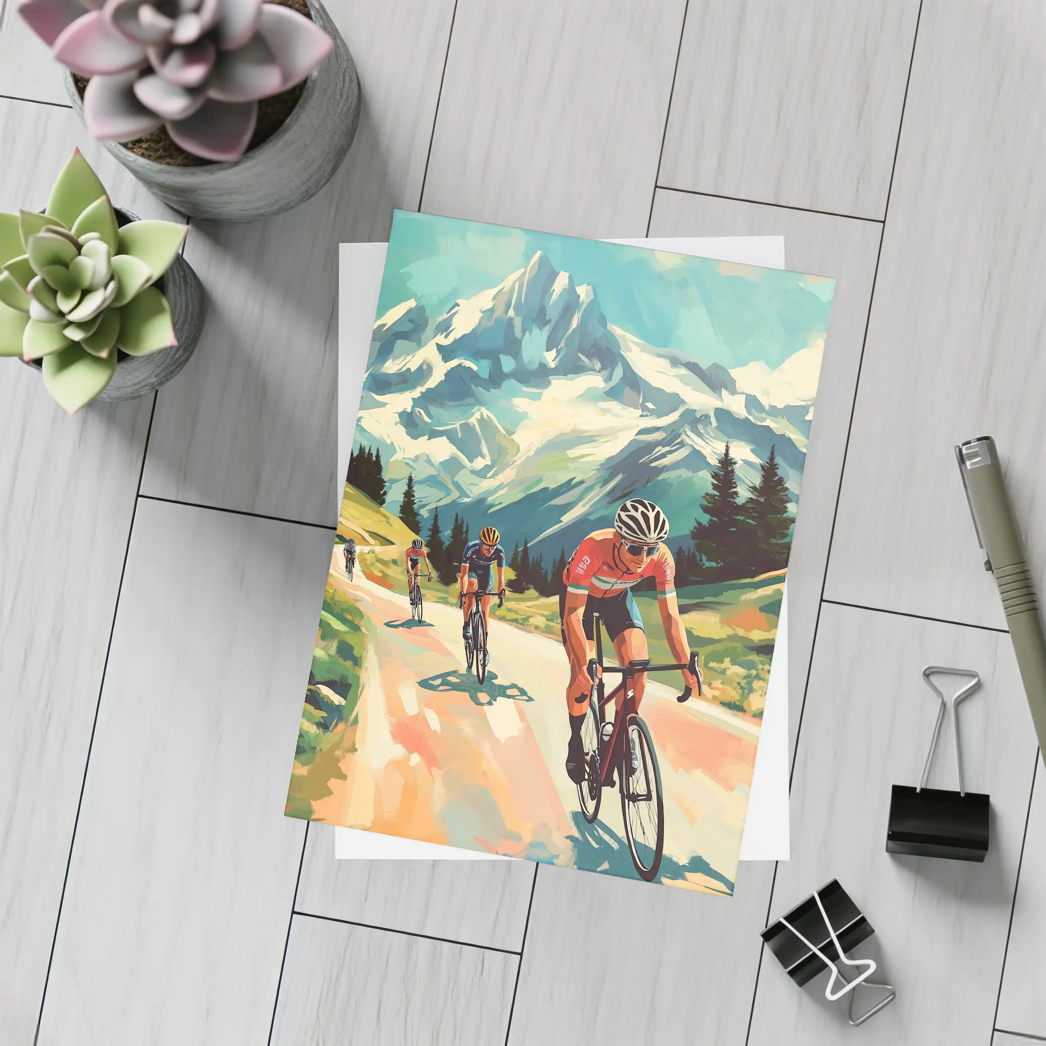 Road Cyclists Racing Through Alpine Mountain Landscape – Postcards