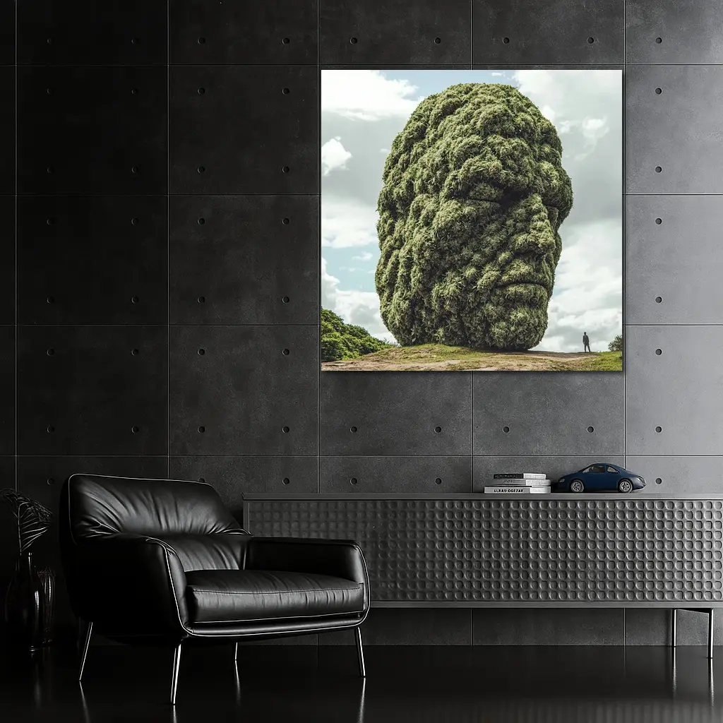 Giant Green Face Sculpture Sky Background – Wall Art