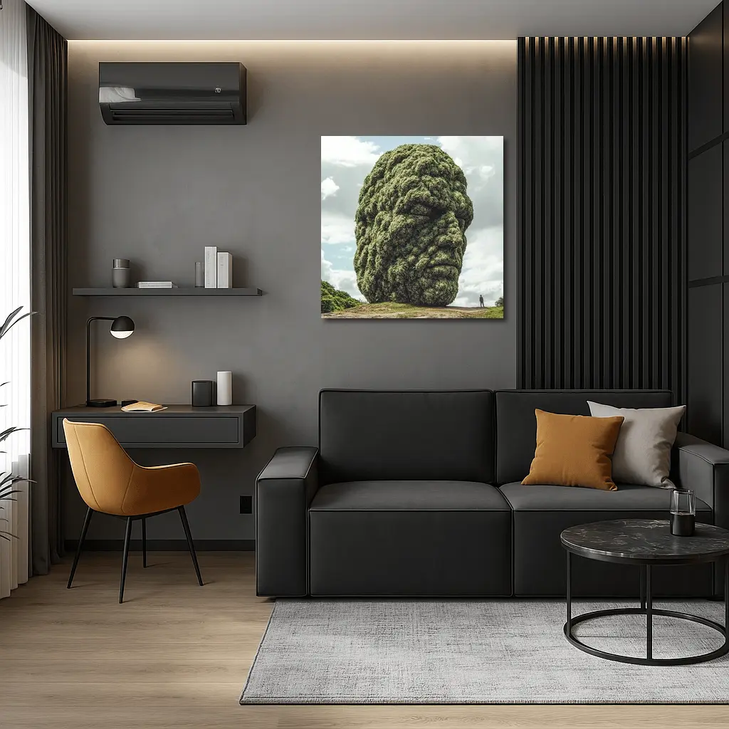 Giant Green Face Sculpture Sky Background – Wall Art