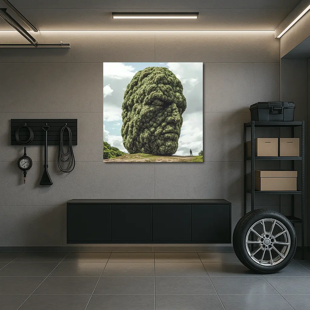Giant Green Face Sculpture Sky Background – Wall Art