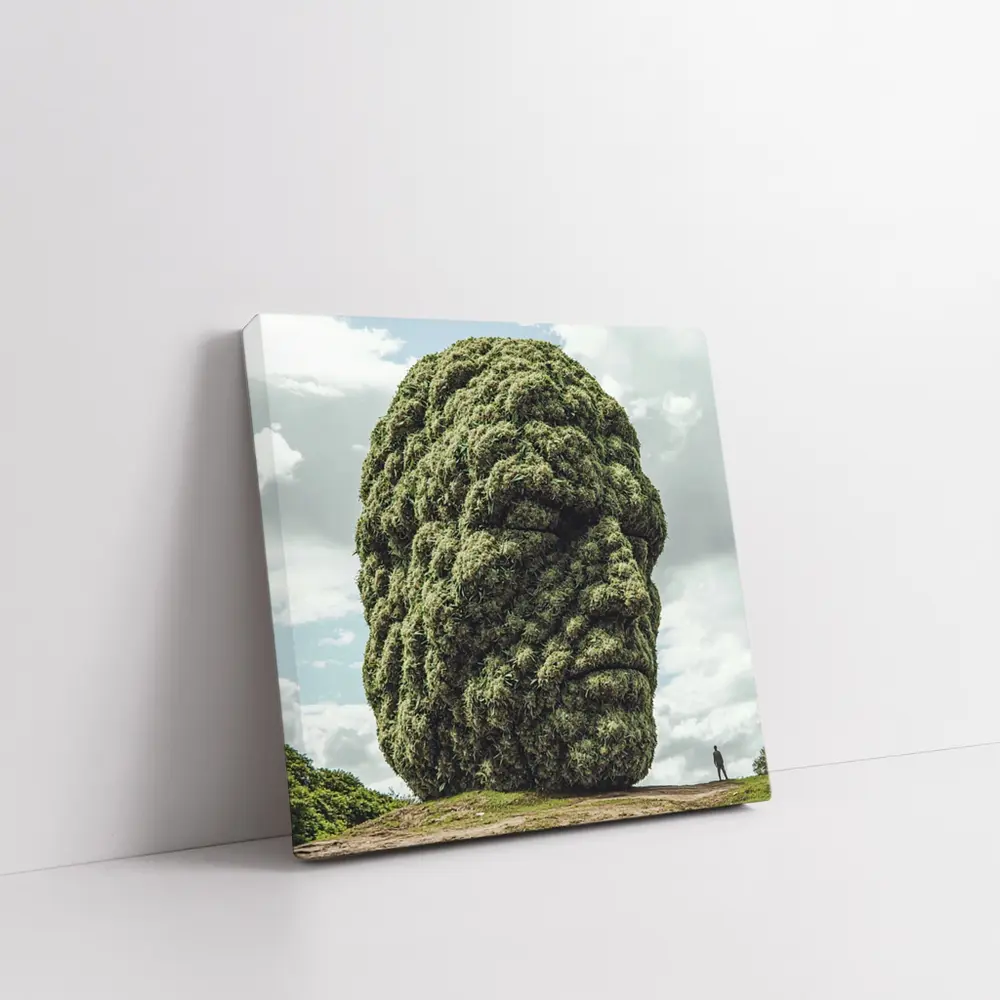 Giant Green Face Sculpture Sky Background – Wall Art