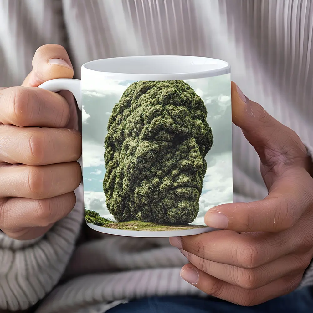 Giant Green Face Sculpture Sky Background – Mugs