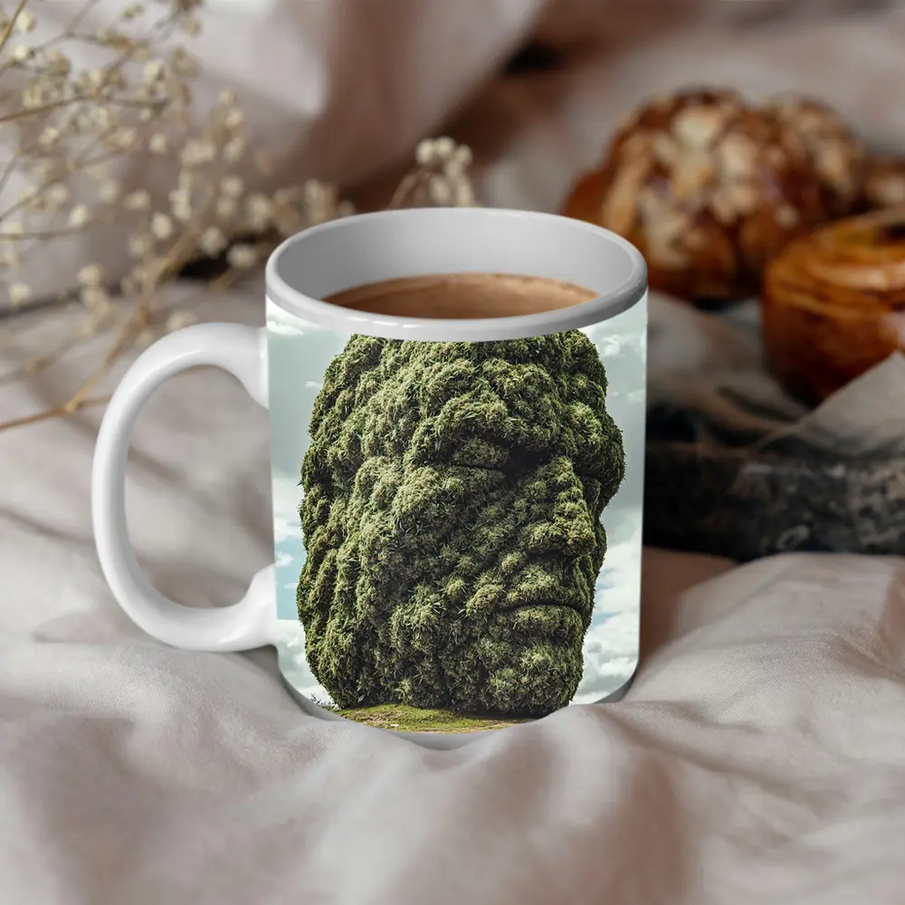 Giant Green Face Sculpture Sky Background – Mugs