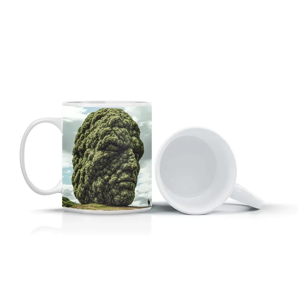 Giant Green Face Sculpture Sky Background – Mugs