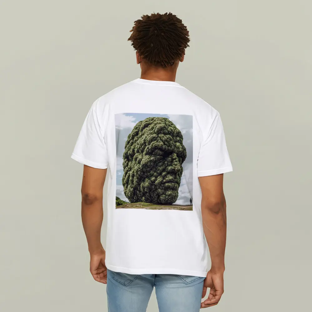 Giant Green Face Sculpture Sky Background – T-Shirts