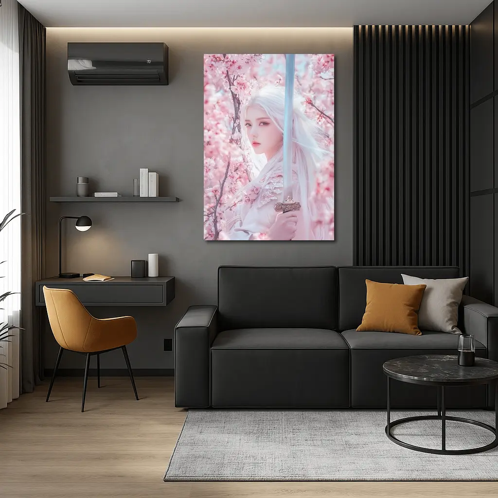 White Hair Warrior Girl Cherry Blossom Fantasy – Wall Art