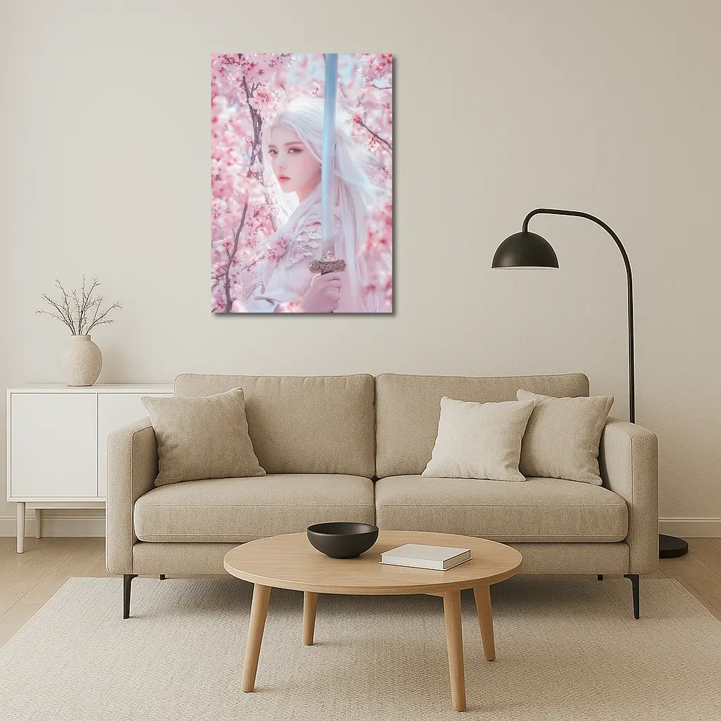 White Hair Warrior Girl Cherry Blossom Fantasy – Wall Art