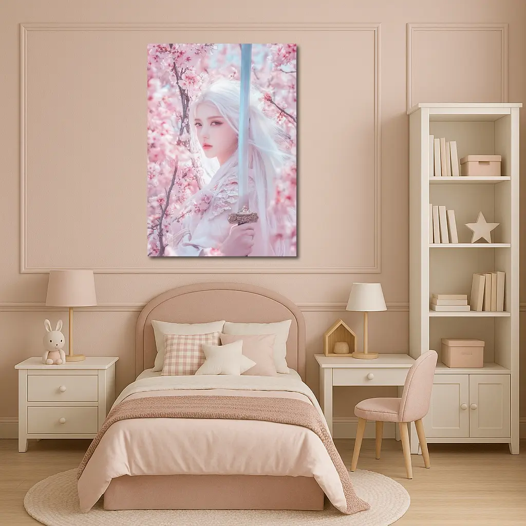 White Hair Warrior Girl Cherry Blossom Fantasy – Wall Art