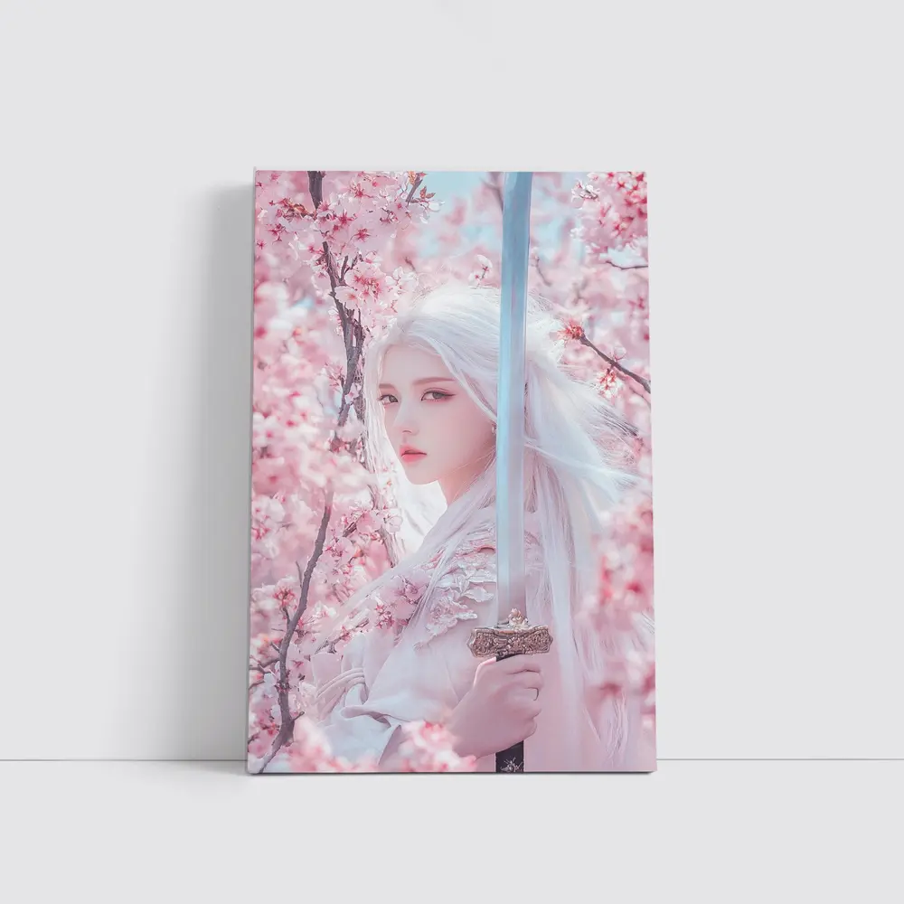 White Hair Warrior Girl Cherry Blossom Fantasy – Wall Art