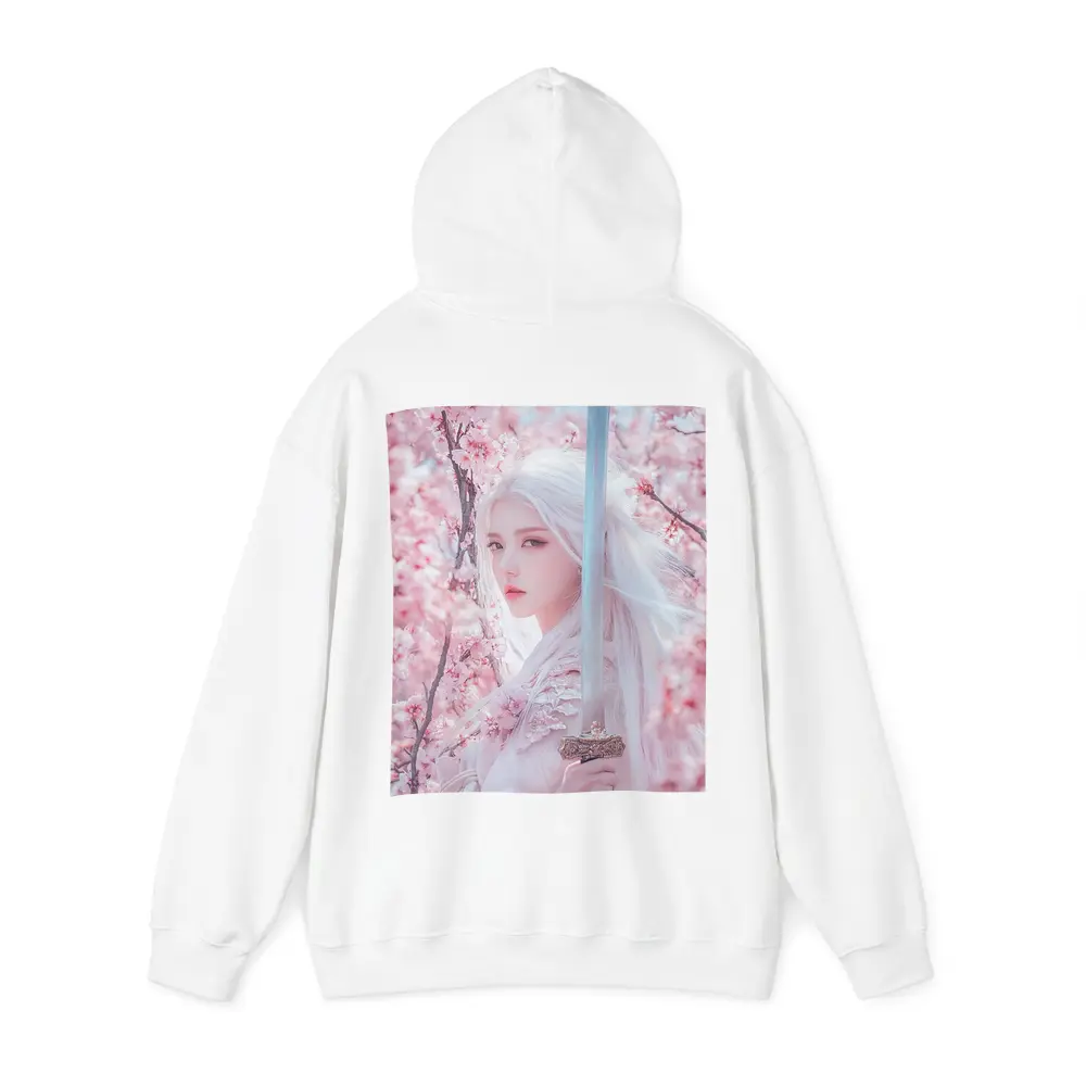 White Hair Warrior Girl Cherry Blossom Fantasy – Hoodies