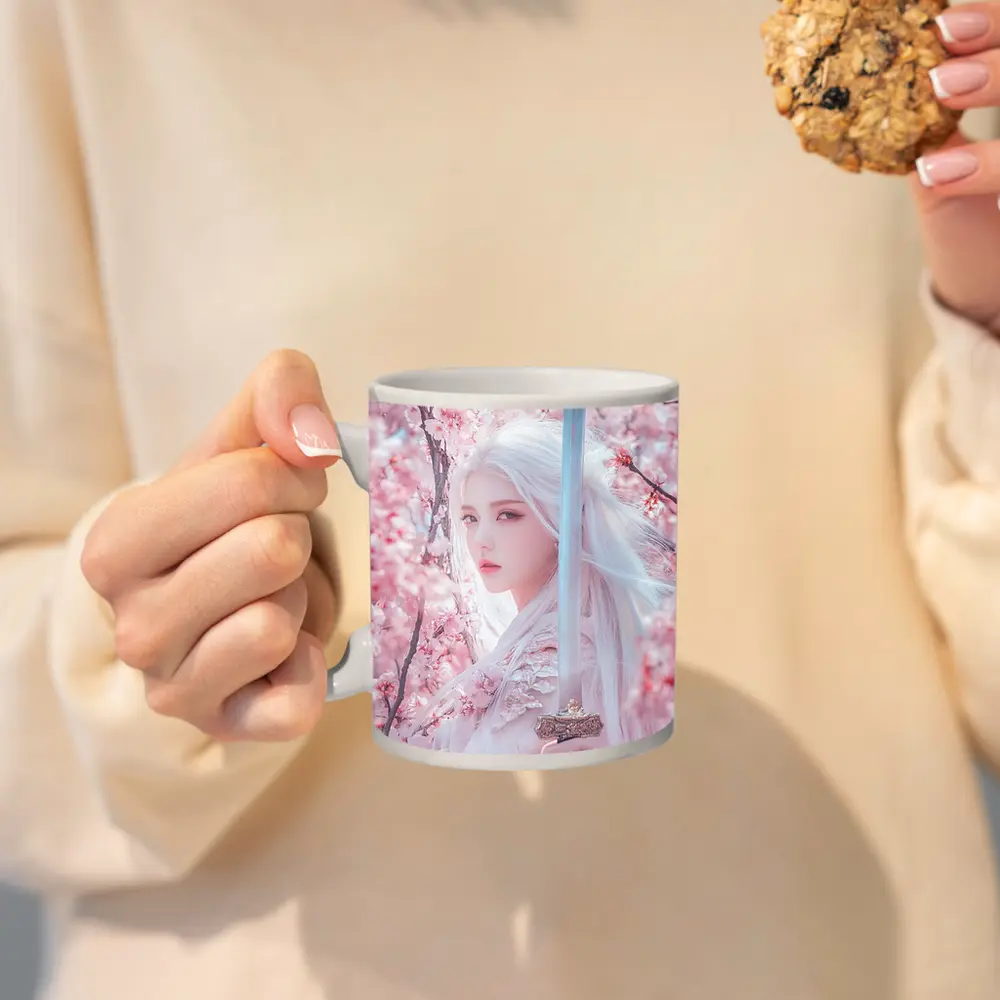 White Hair Warrior Girl Cherry Blossom Fantasy – Mugs