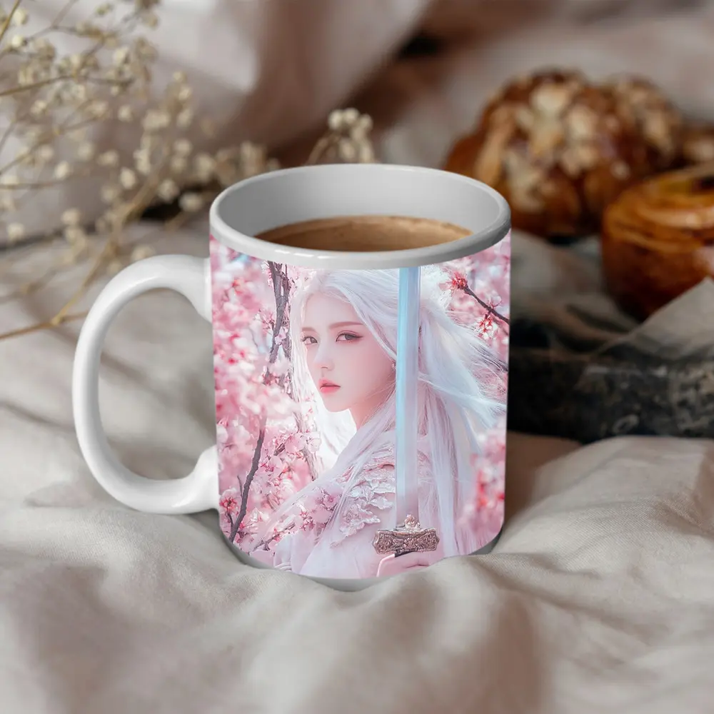 White Hair Warrior Girl Cherry Blossom Fantasy – Mugs