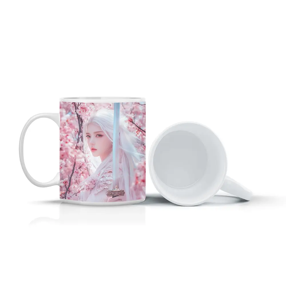 White Hair Warrior Girl Cherry Blossom Fantasy – Mugs