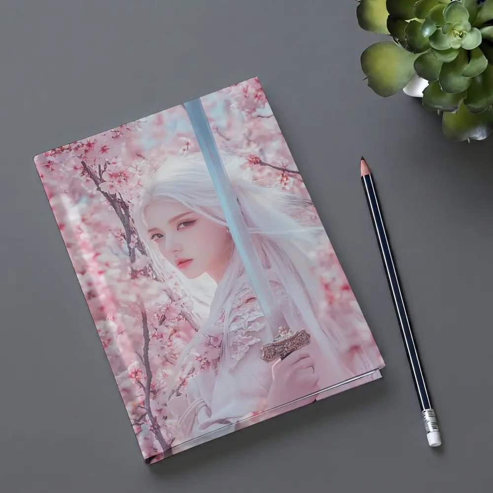 White Hair Warrior Girl Cherry Blossom Fantasy – Notebooks