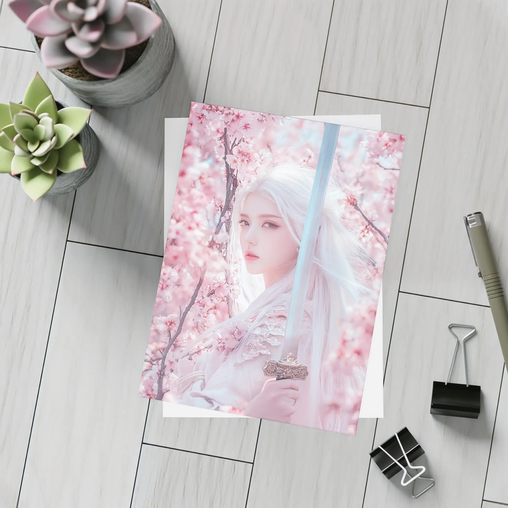 White Hair Warrior Girl Cherry Blossom Fantasy – Postcards