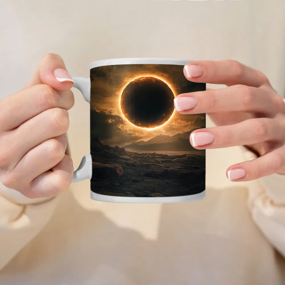 Solar Eclipse Over Rocky Alien Landscape – Mugs