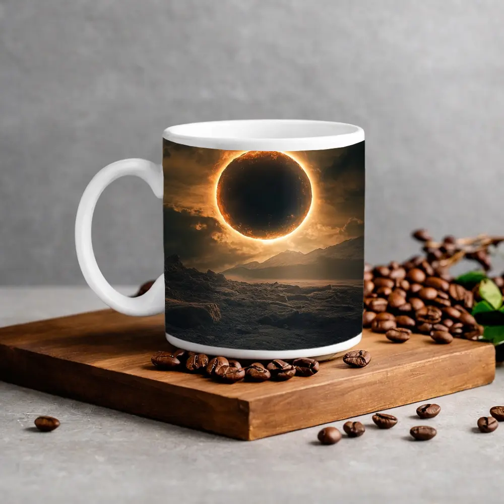 Solar Eclipse Over Rocky Alien Landscape – Mugs