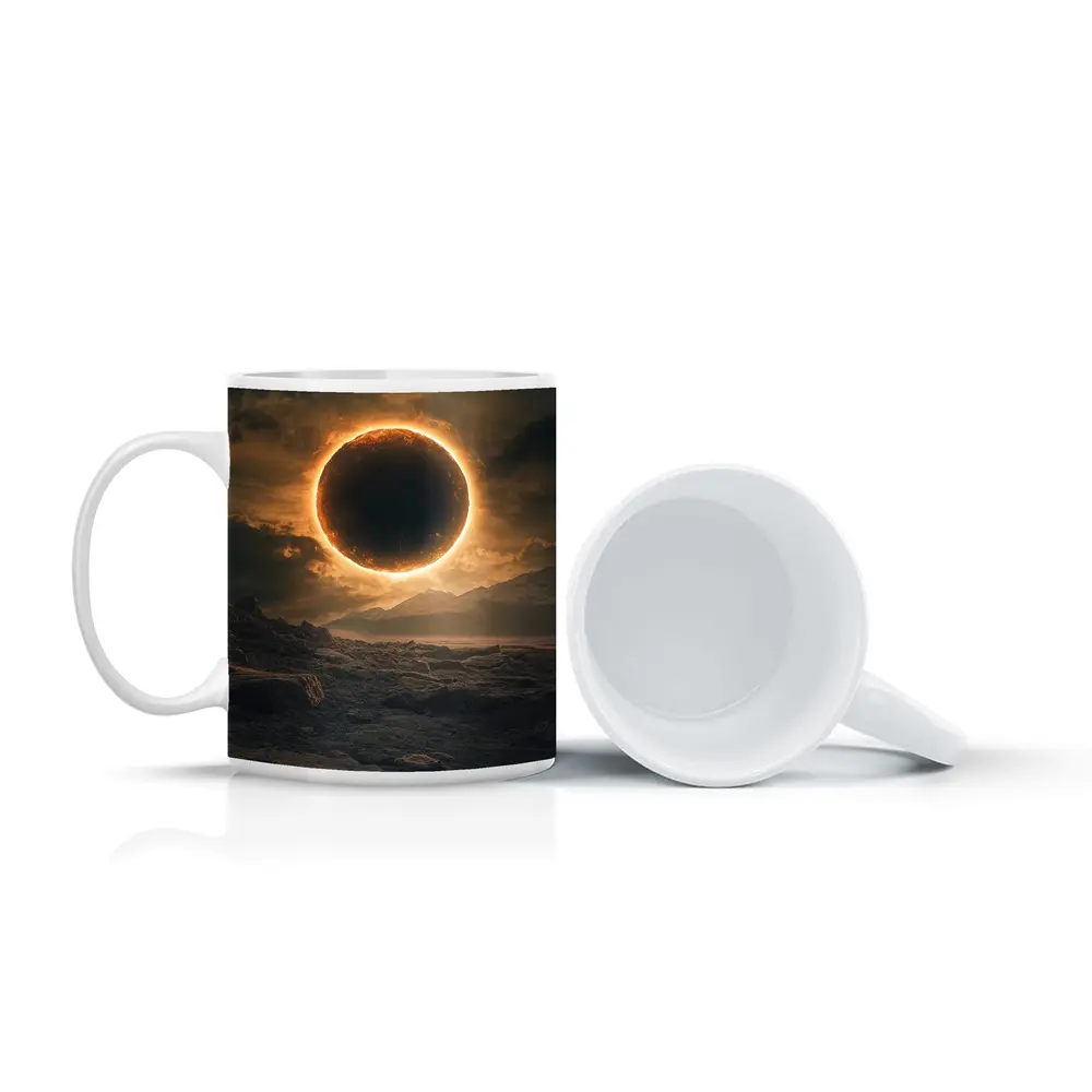 Solar Eclipse Over Rocky Alien Landscape – Mugs