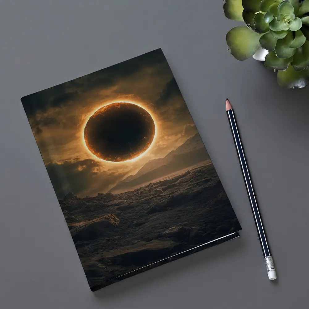 Solar Eclipse Over Rocky Alien Landscape – Notebooks