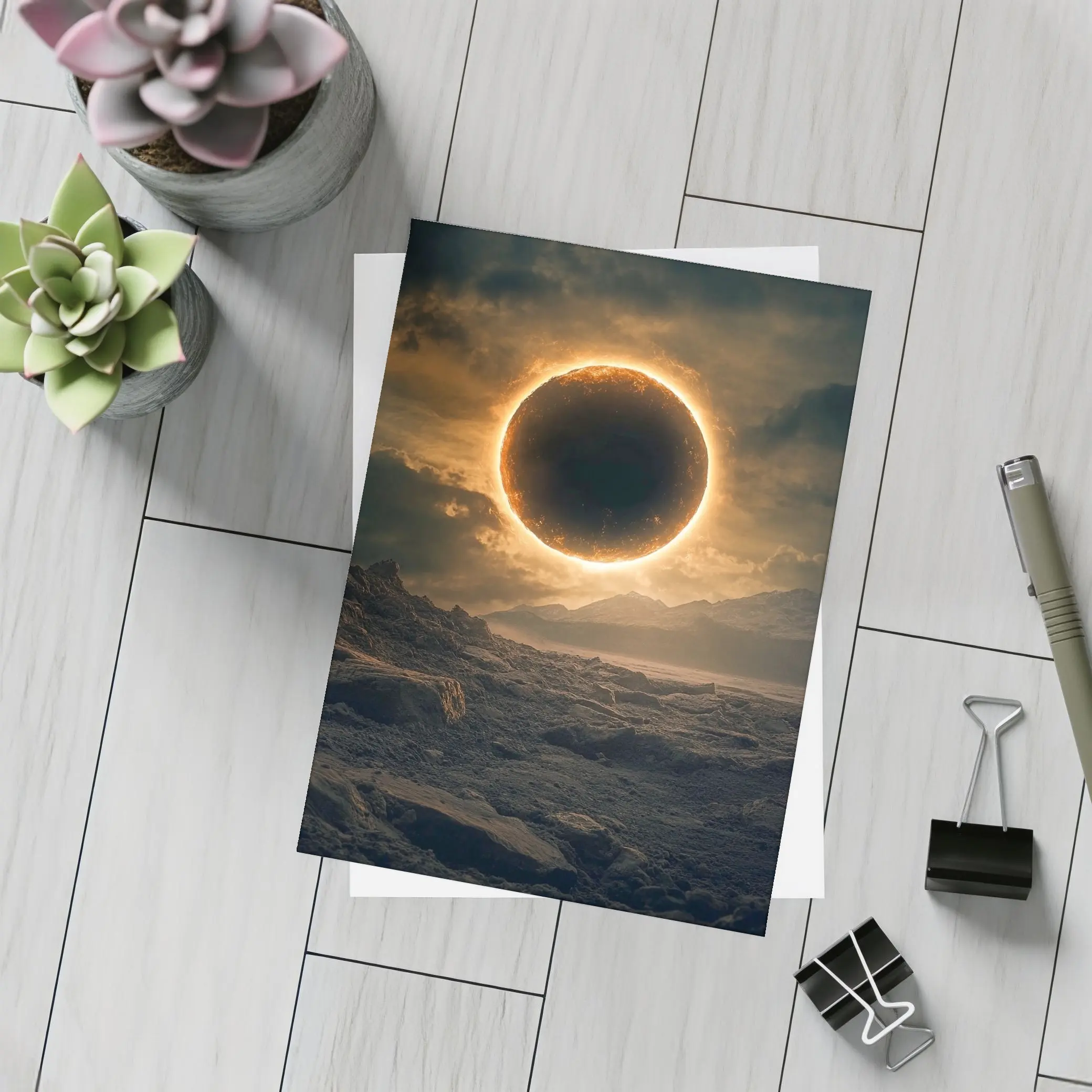 Solar Eclipse Over Rocky Alien Landscape – Postcards