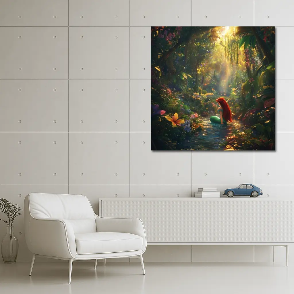 Mermaid Girl Sitting In Enchanted Forest Stream – Wall Art