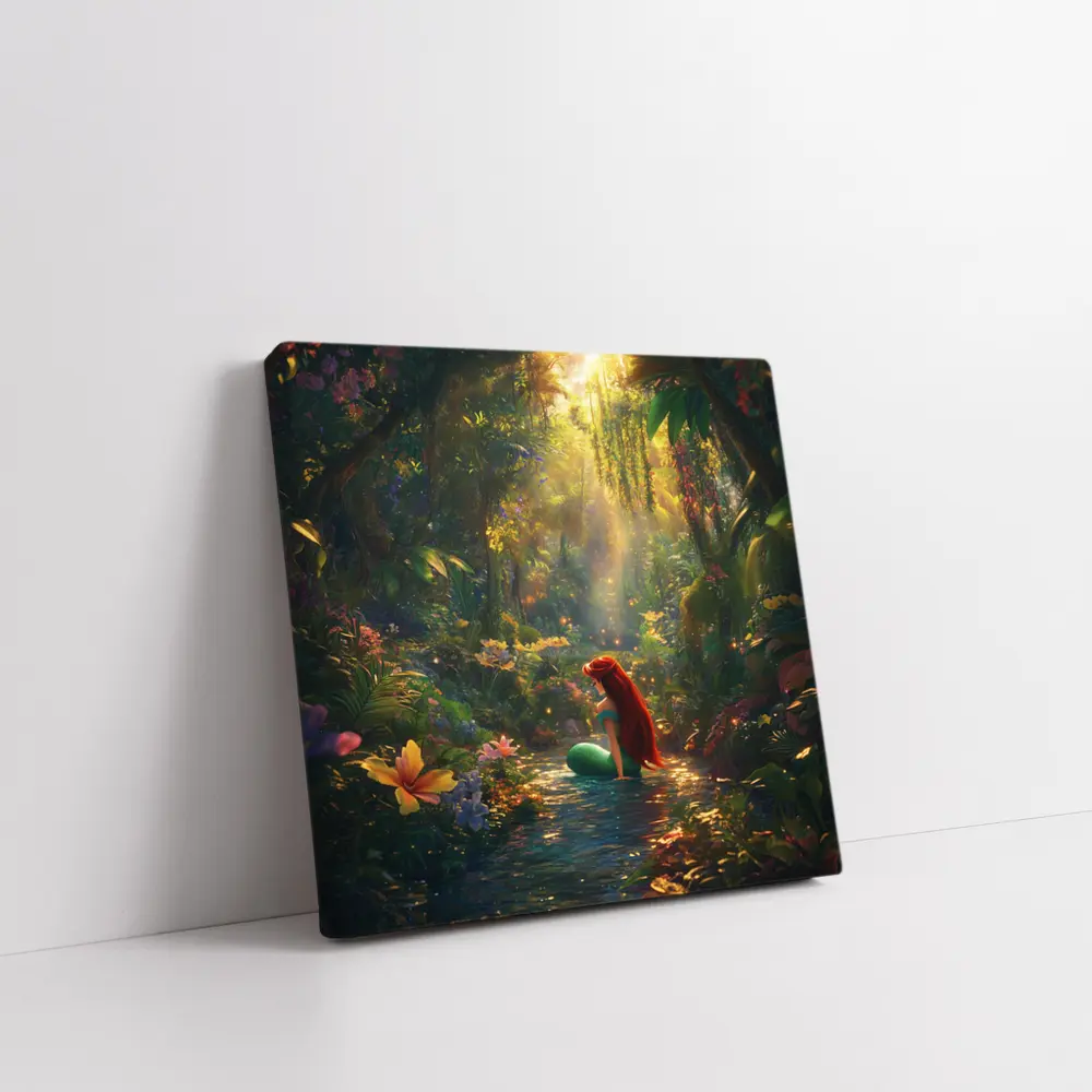 Mermaid Girl Sitting In Enchanted Forest Stream – Wall Art