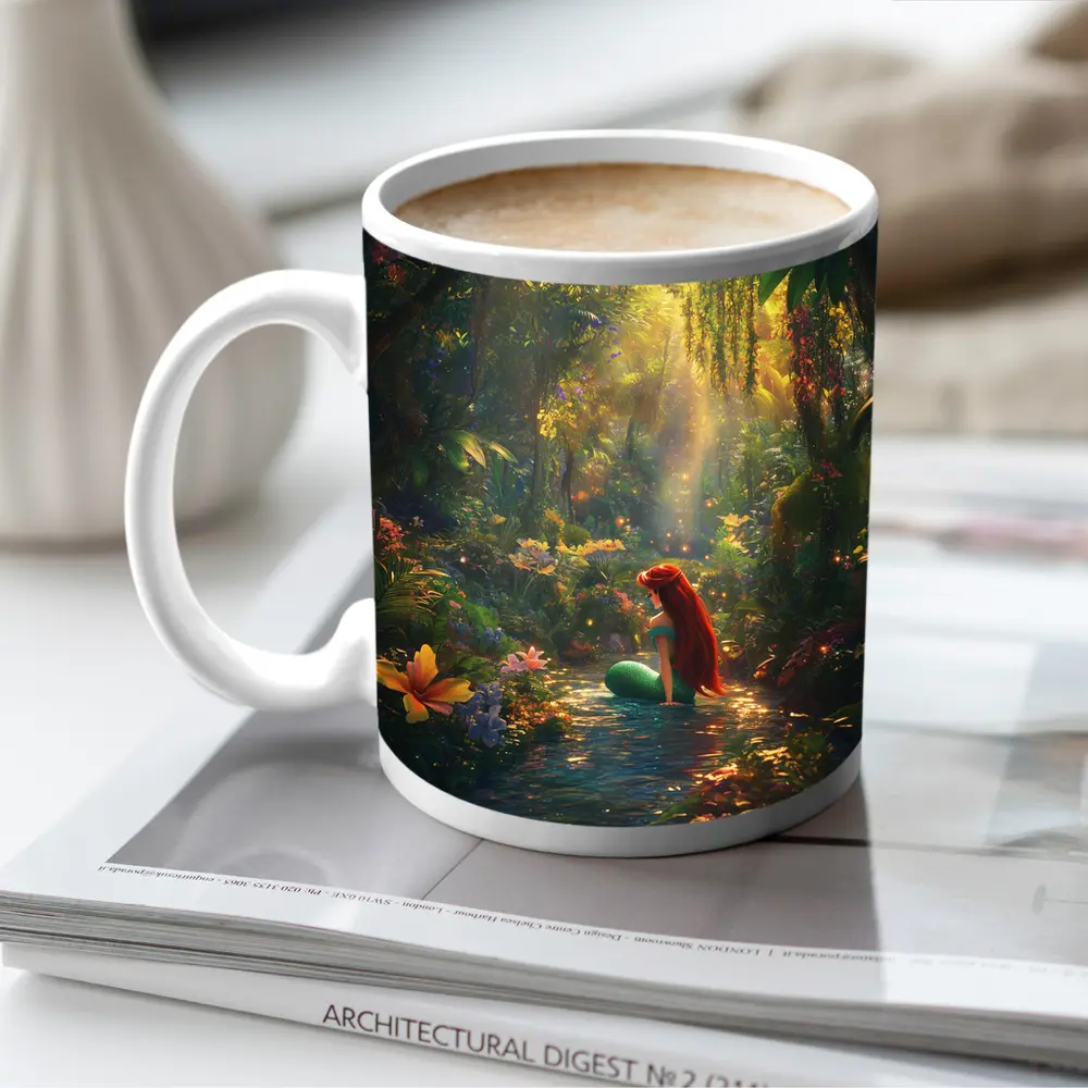 Mermaid Girl Sitting In Enchanted Forest Stream – Mugs
