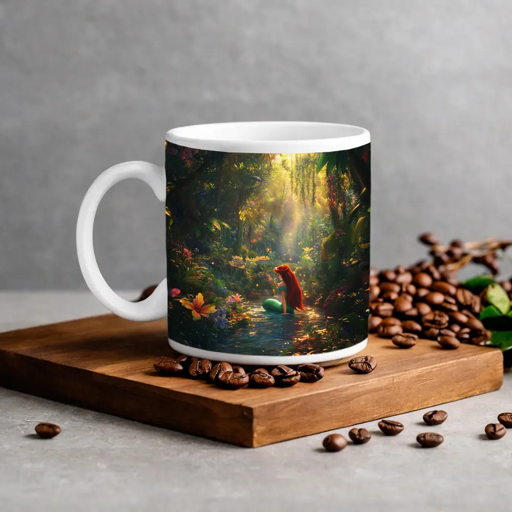 Mermaid Girl Sitting In Enchanted Forest Stream – Mugs
