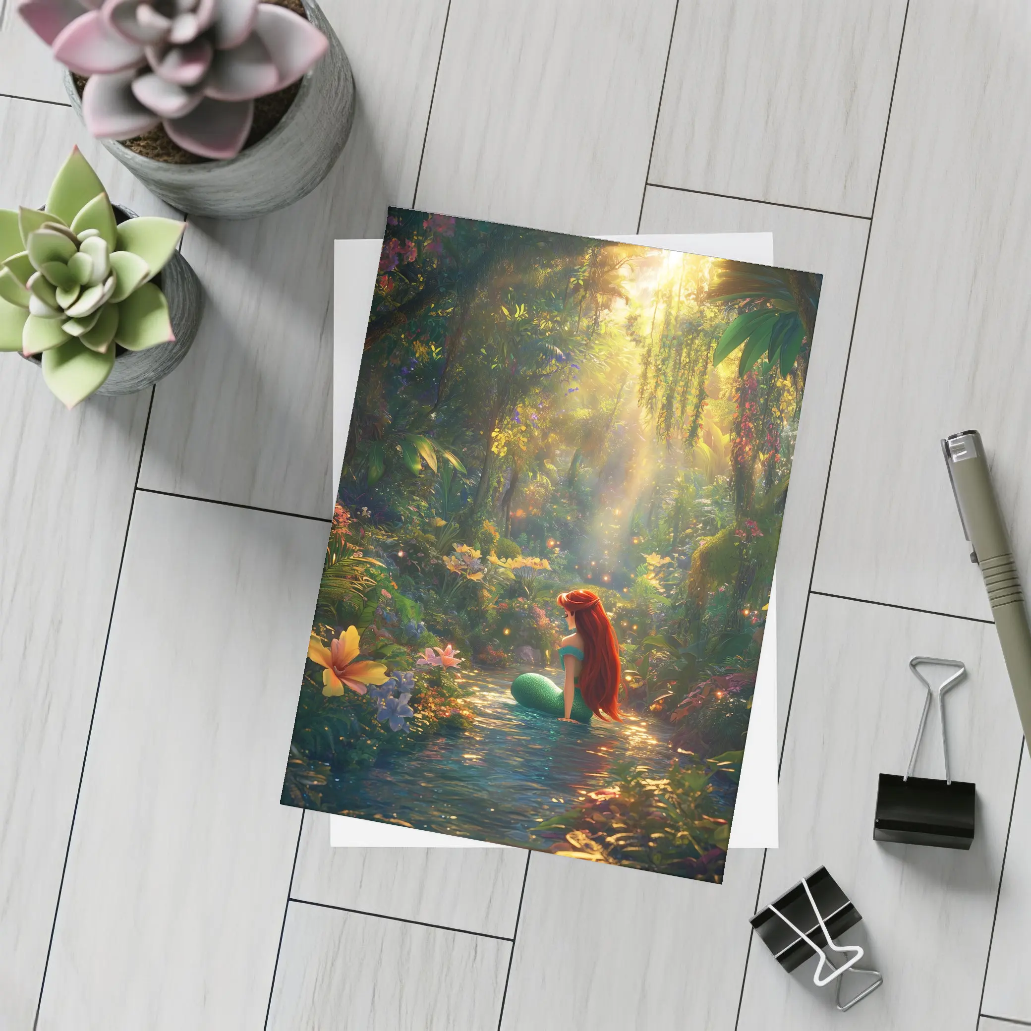 Mermaid Girl Sitting In Enchanted Forest Stream – Postcards