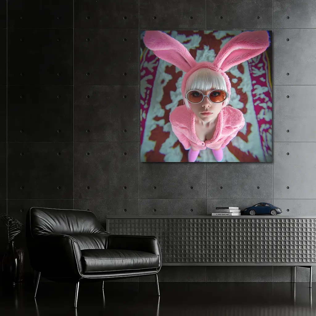 Pink Bunny Girl Tinted Glasses Abstract Background – Wall Art