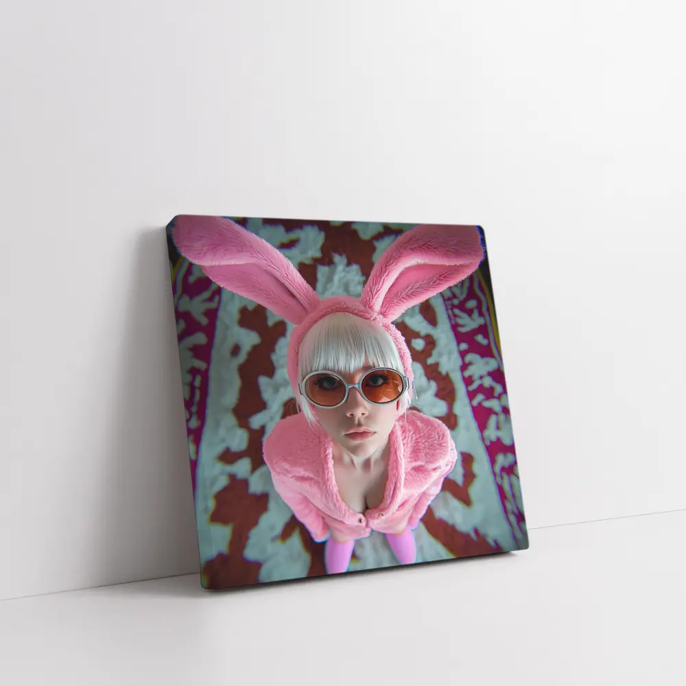 Pink Bunny Girl Tinted Glasses Abstract Background – Wall Art