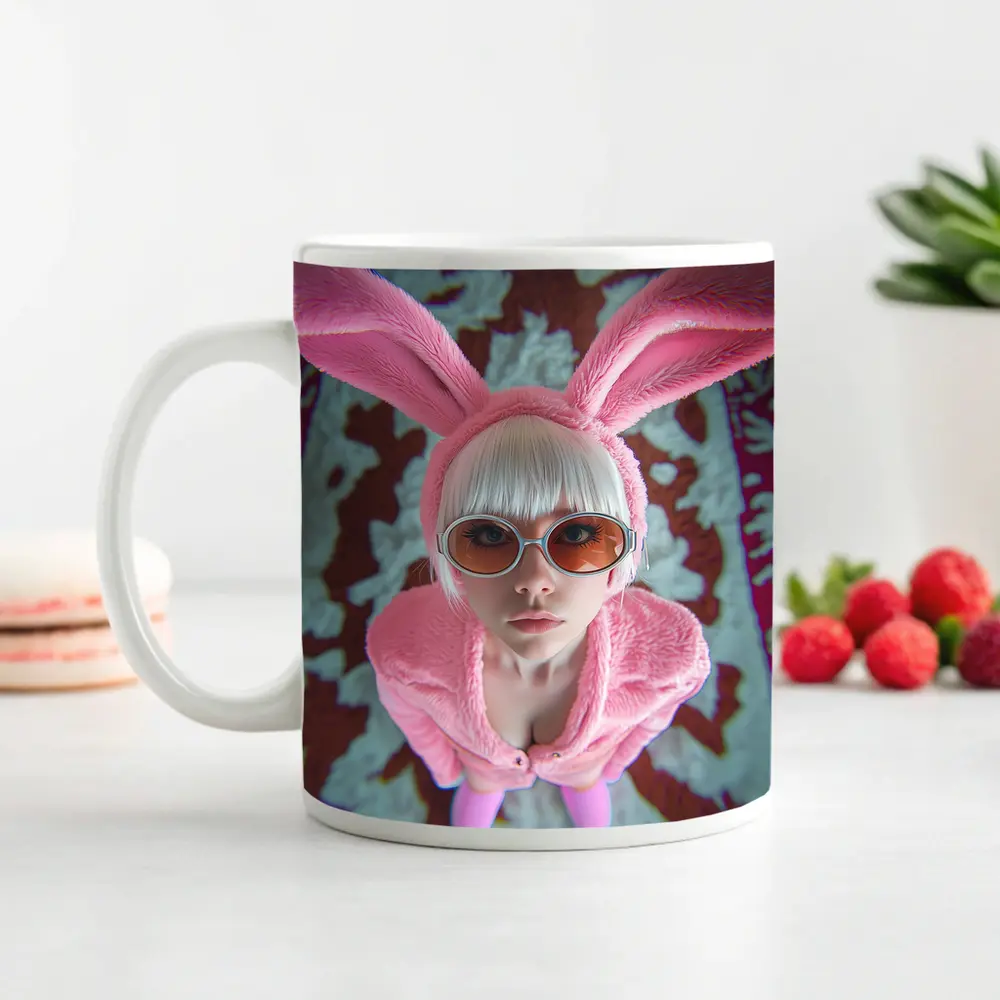 Pink Bunny Girl Tinted Glasses Abstract Background – Mugs