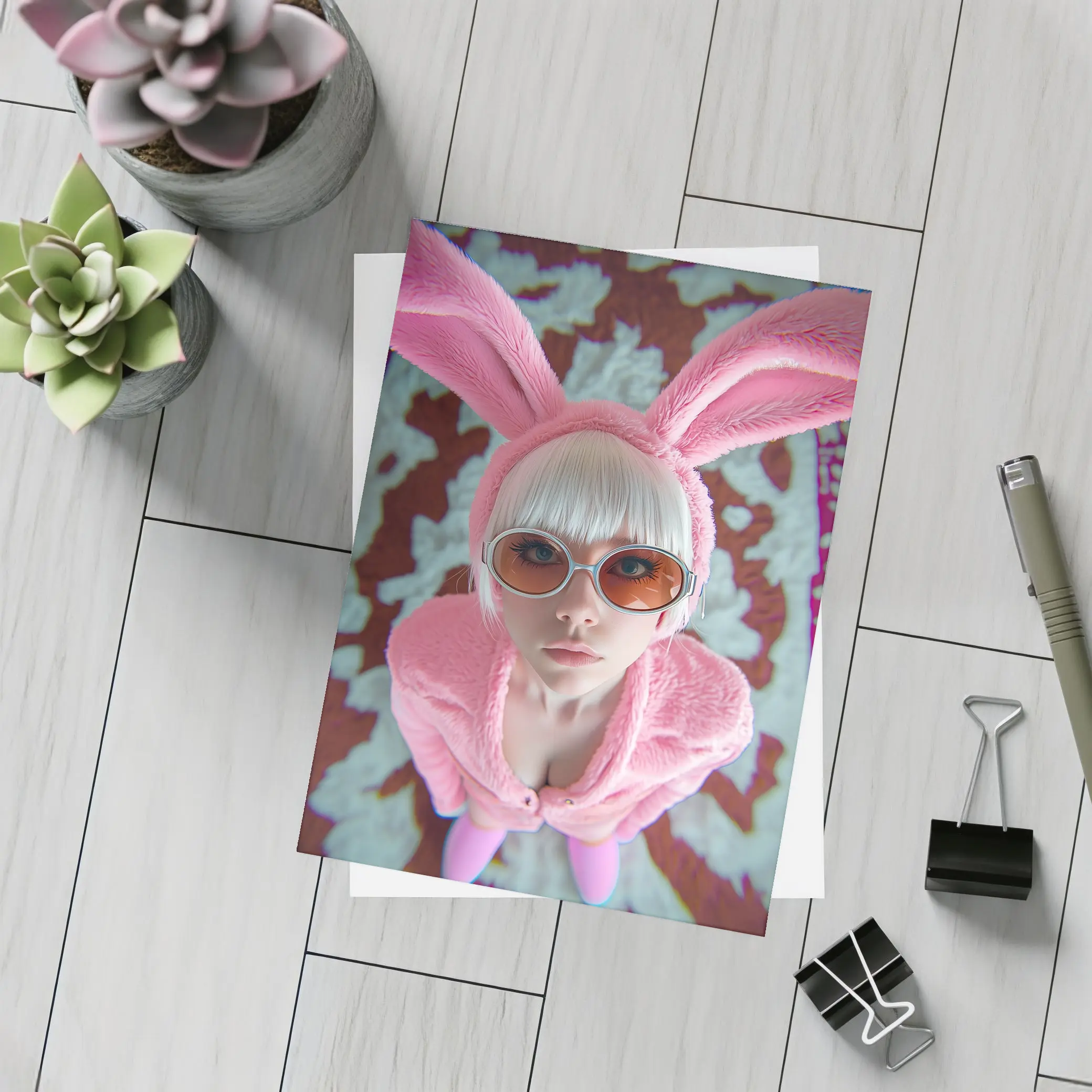 Pink Bunny Girl Tinted Glasses Abstract Background – Postcards