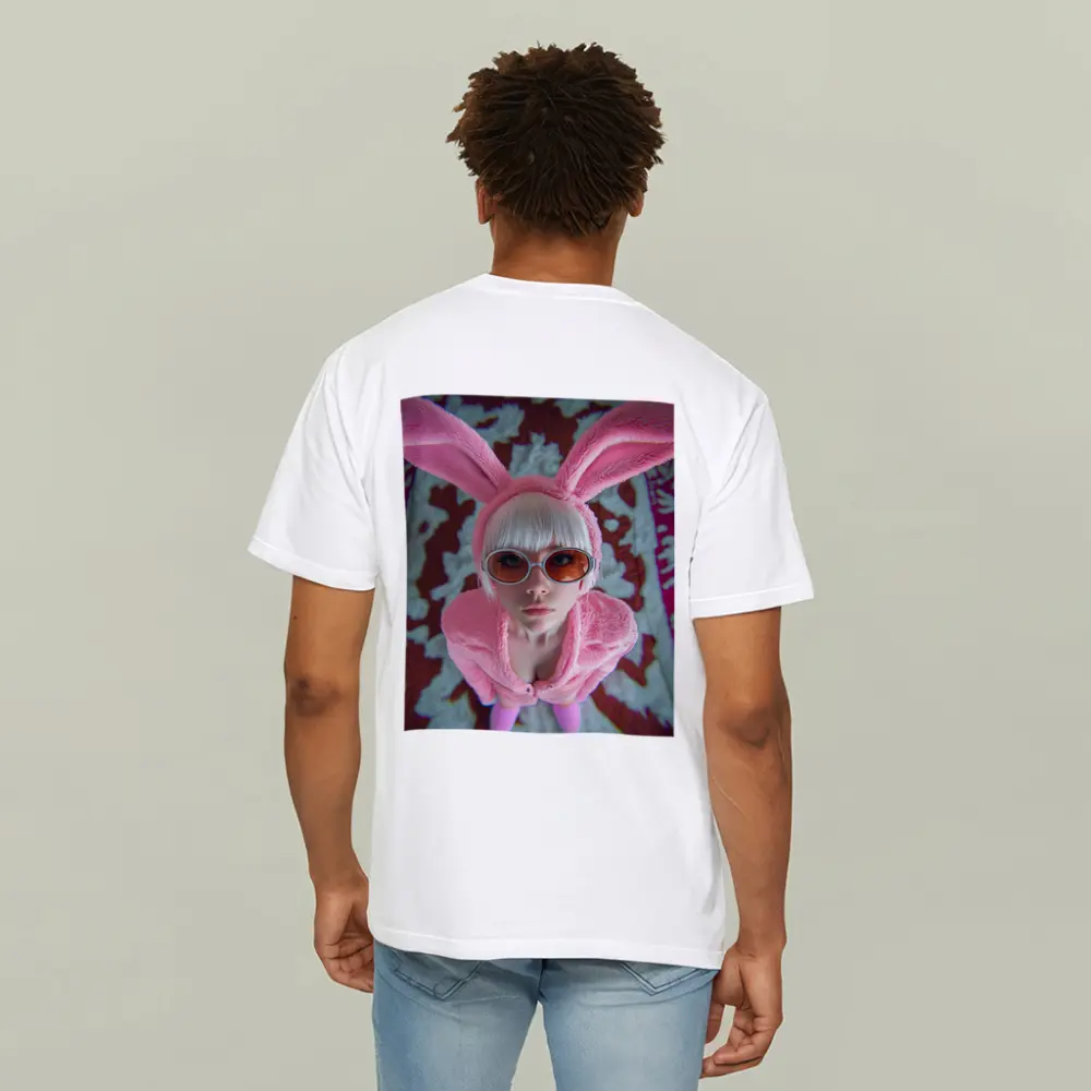 Pink Bunny Girl Tinted Glasses Abstract Background – T-Shirts
