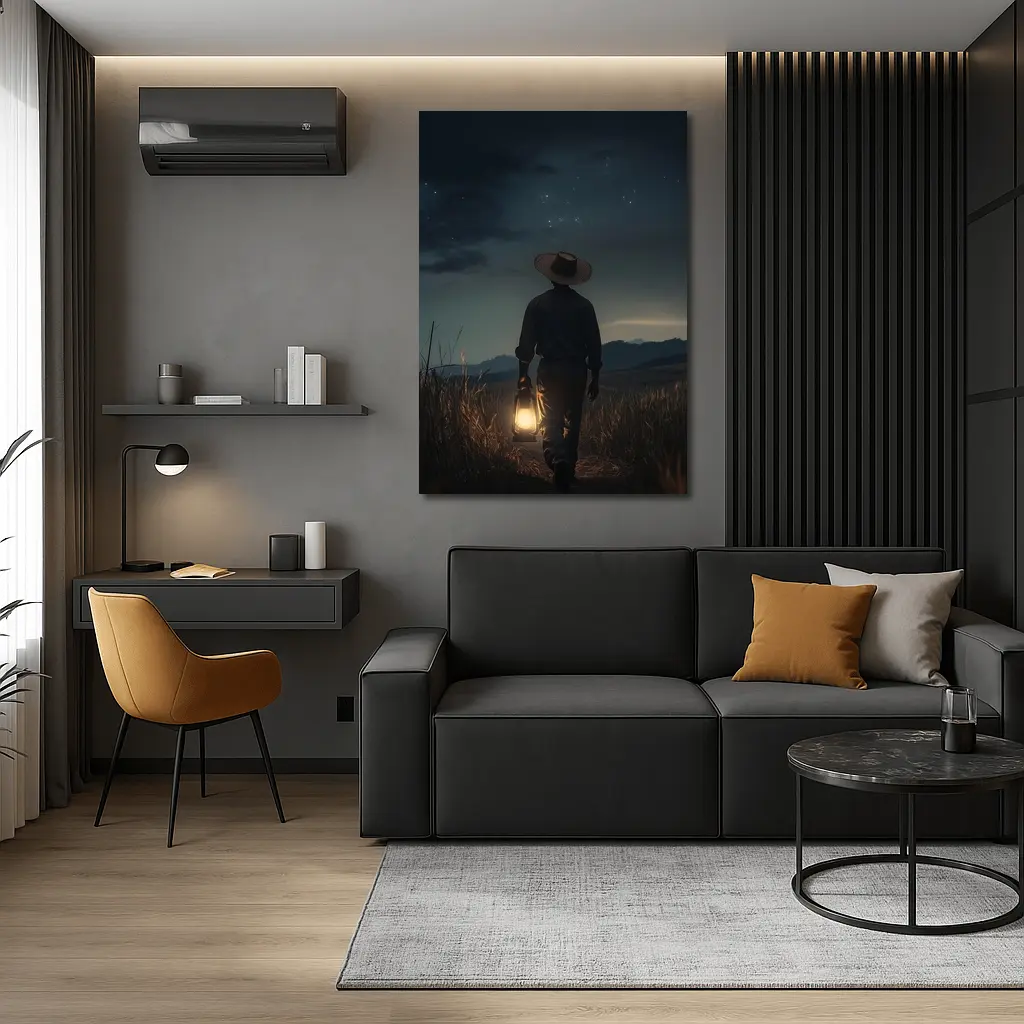 Farmer Walking Night Field With Lantern – Wall Art