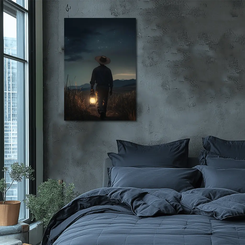 Farmer Walking Night Field With Lantern – Wall Art