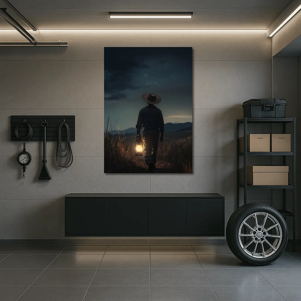 Farmer Walking Night Field With Lantern – Wall Art
