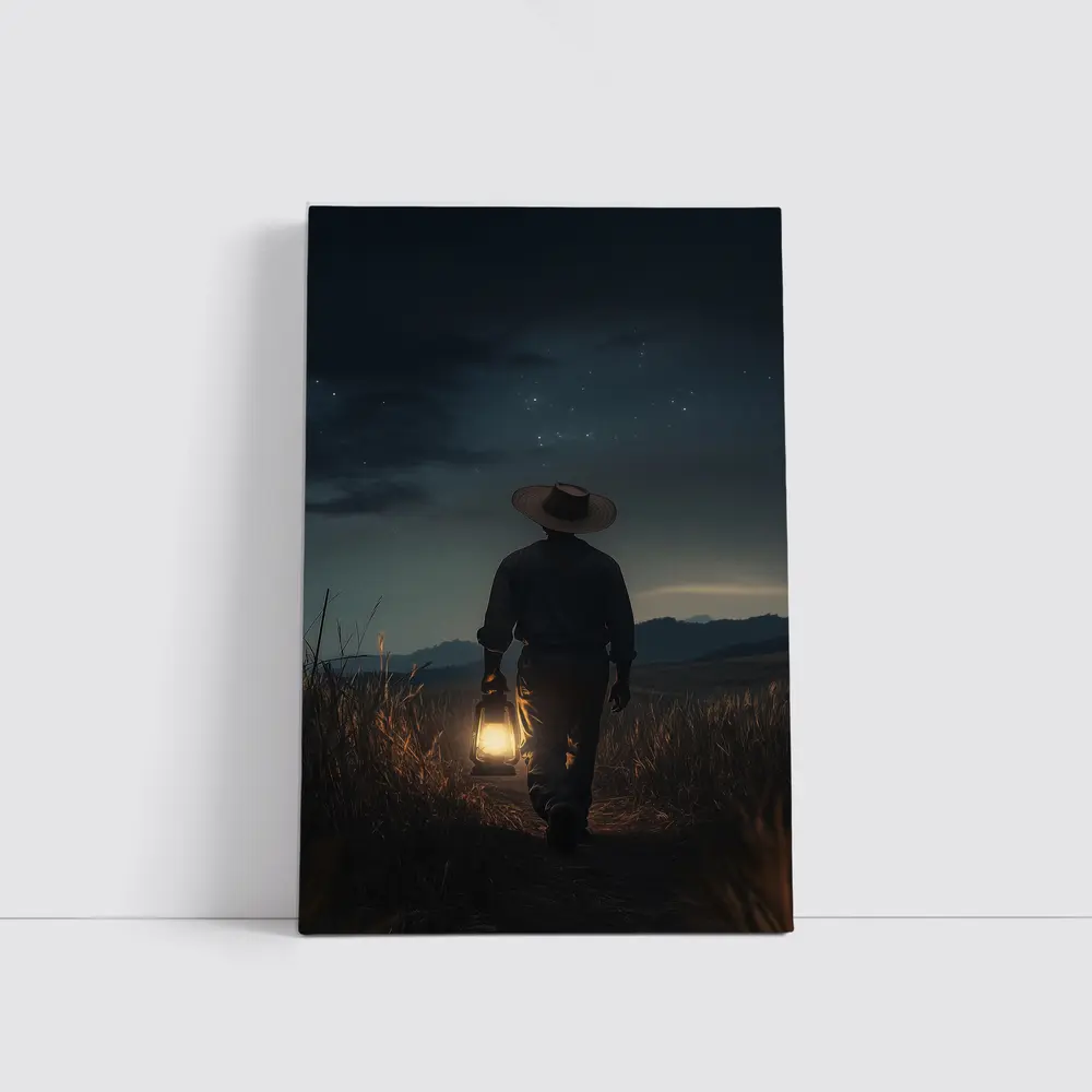Farmer Walking Night Field With Lantern – Wall Art