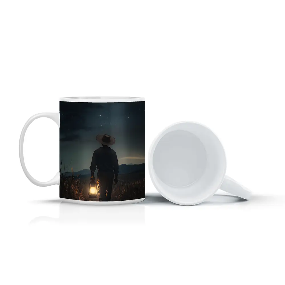 Farmer Walking Night Field With Lantern – Mugs