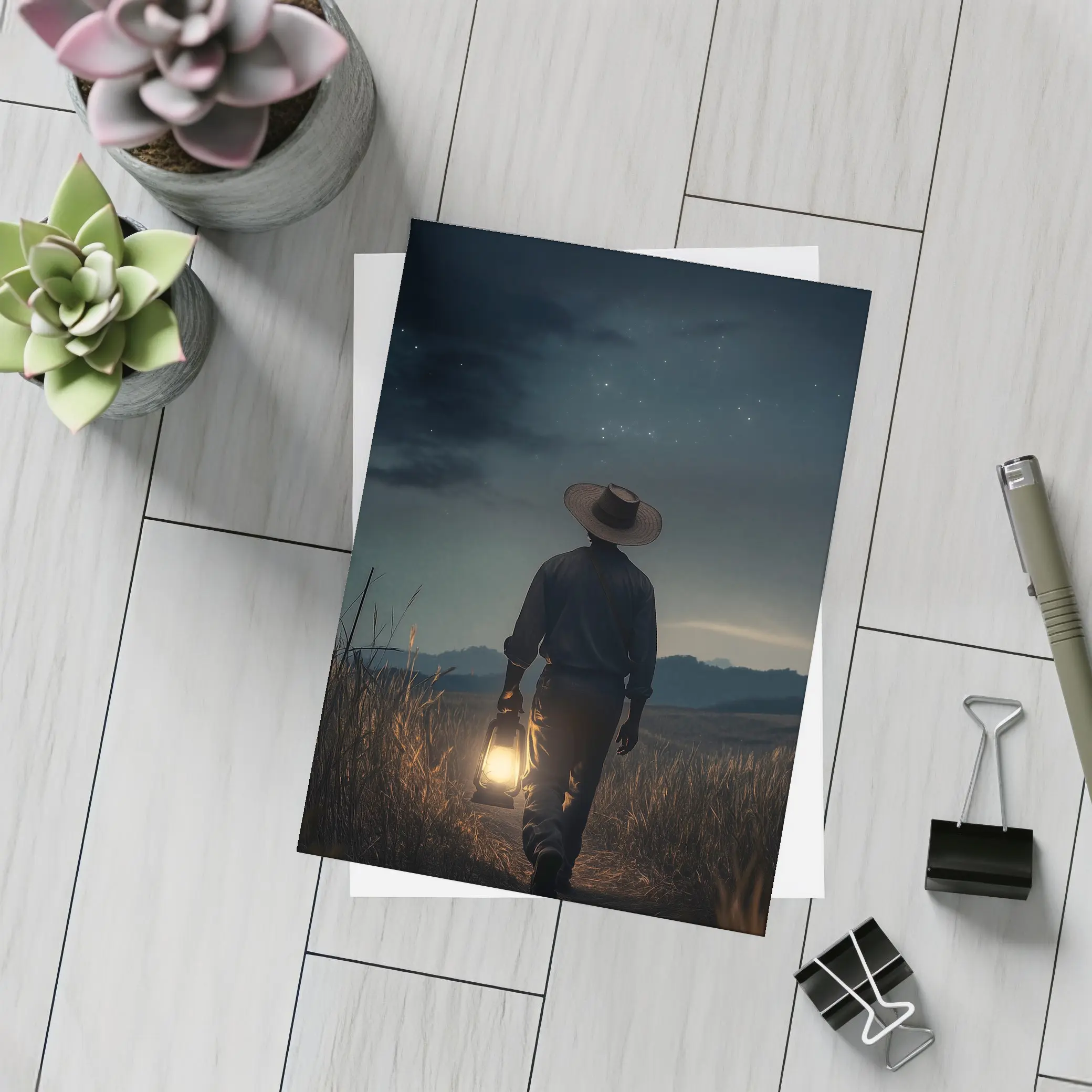 Farmer Walking Night Field With Lantern – Postcards