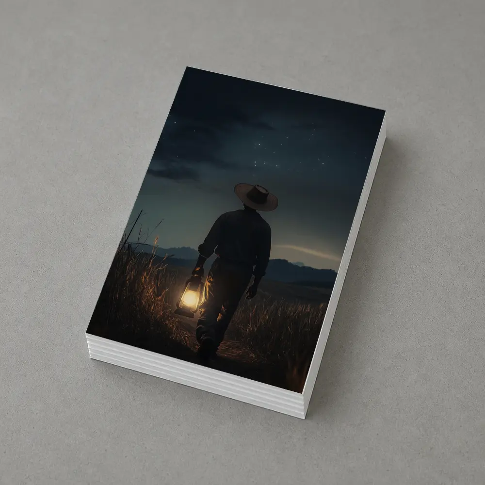 Farmer Walking Night Field With Lantern – Postcards