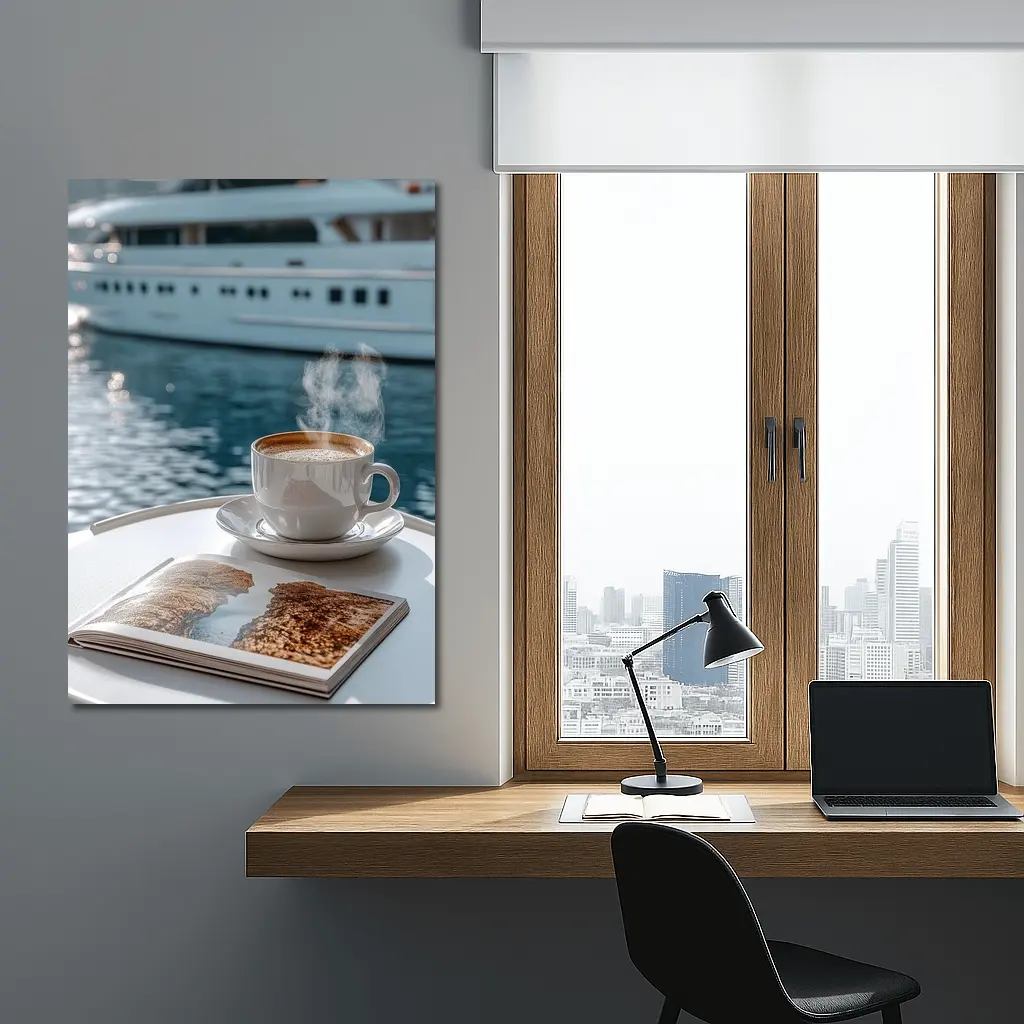 Coffee Cup Steam Luxury Yacht Harbor – Wall Art