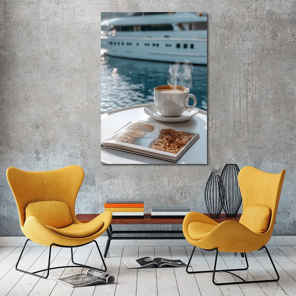 Coffee Cup Steam Luxury Yacht Harbor – Wall Art